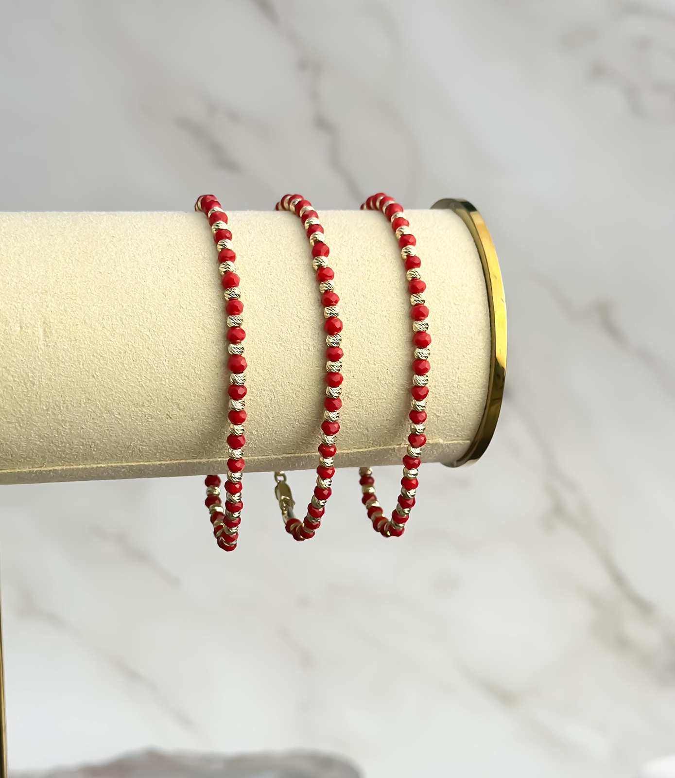 14k Solid Gold Beaded Ball Bracelet Red – 7″ Length – Gift for Women – Stylish