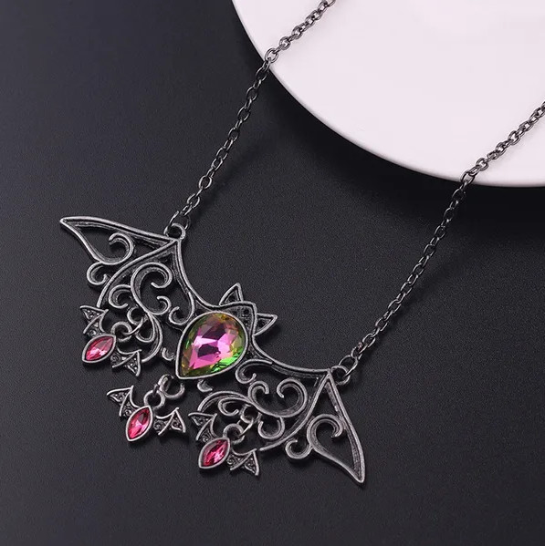 Gothic Bat Pendant Necklace, Mother with Baby Bats, Halloween Vampire, Crystals