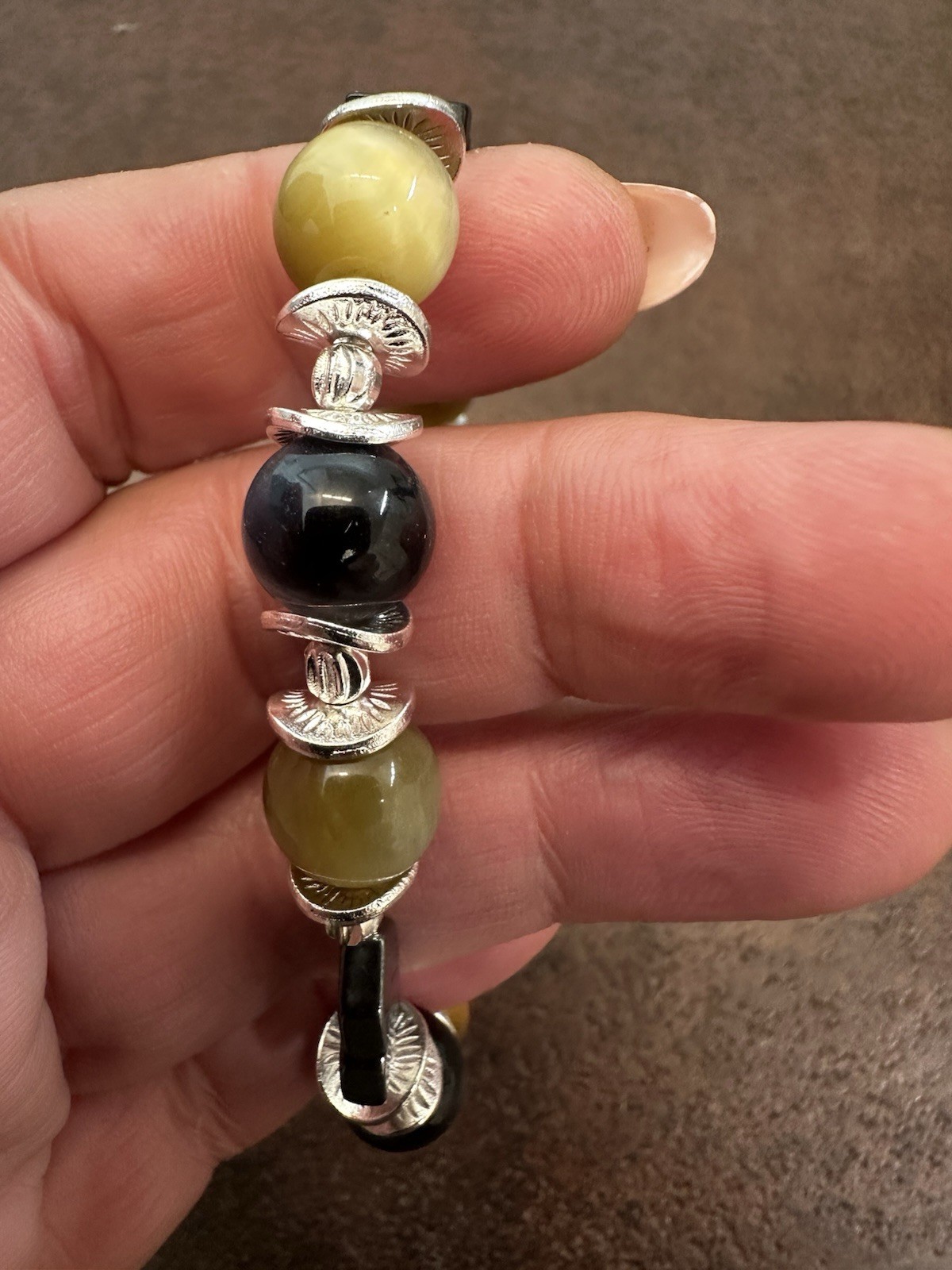 Elegant Silver and Yellow Mixed with Black Falcon’s Eye Beaded Bracelet