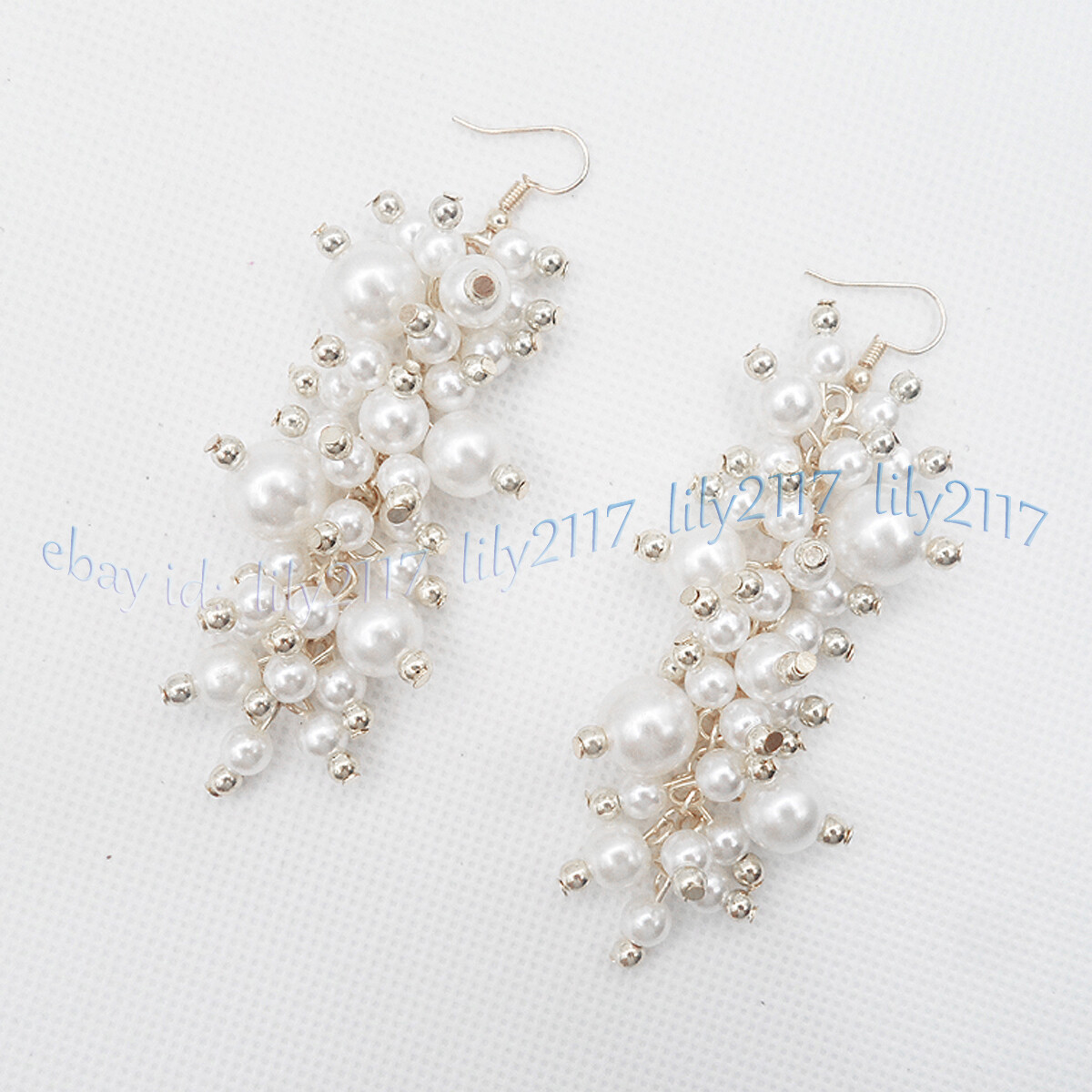 6-12mm South Sea White Shell Pearl Round Beads Grape Dangle Silver Hook Earrings