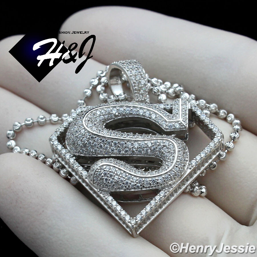 925 STERLING SILVER 18-30″X2MM MOON CUT BEADED CHAIN ICY CZ SUPERMAN PENDANT*263