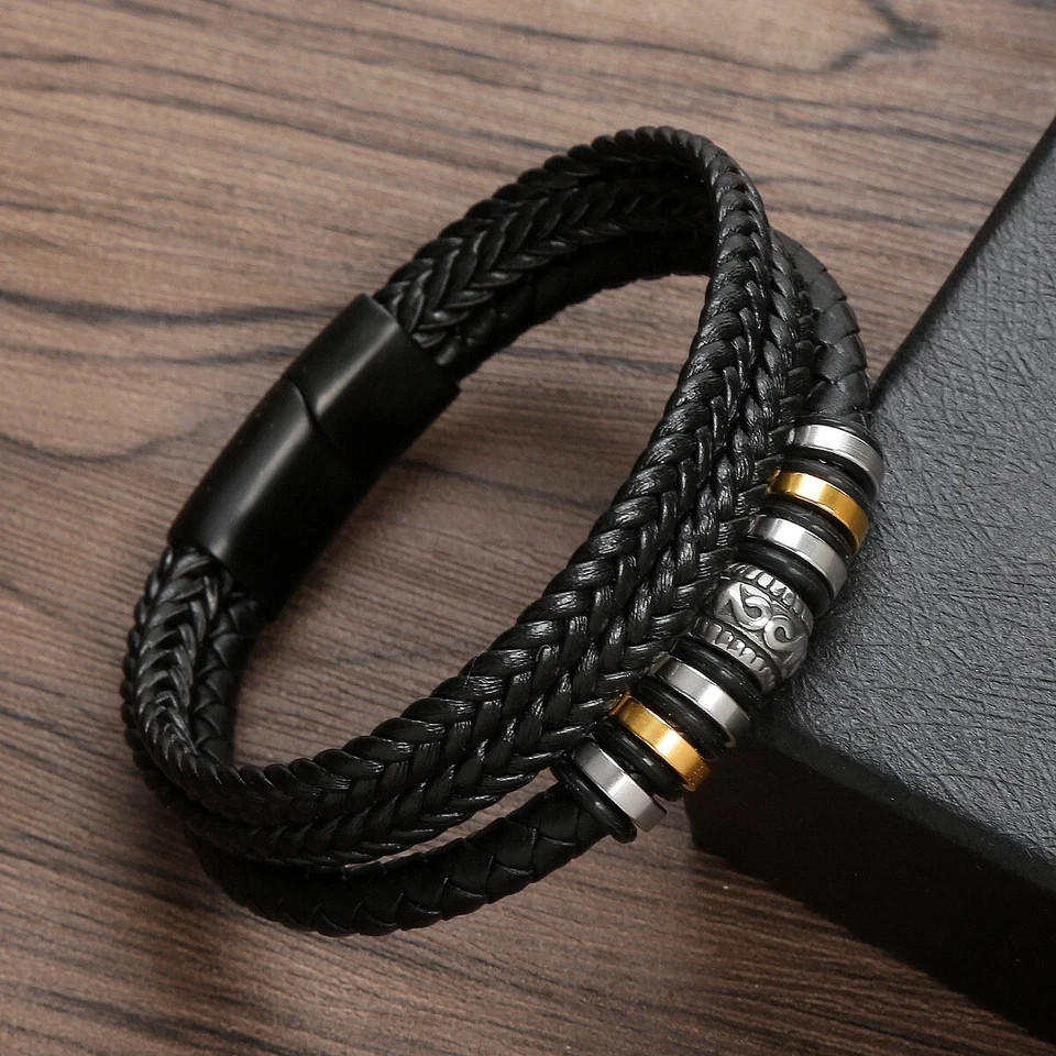 Men’s Multilayer Braided Leather Stainless Steel Magnetic Bracelet Bangle Cuff