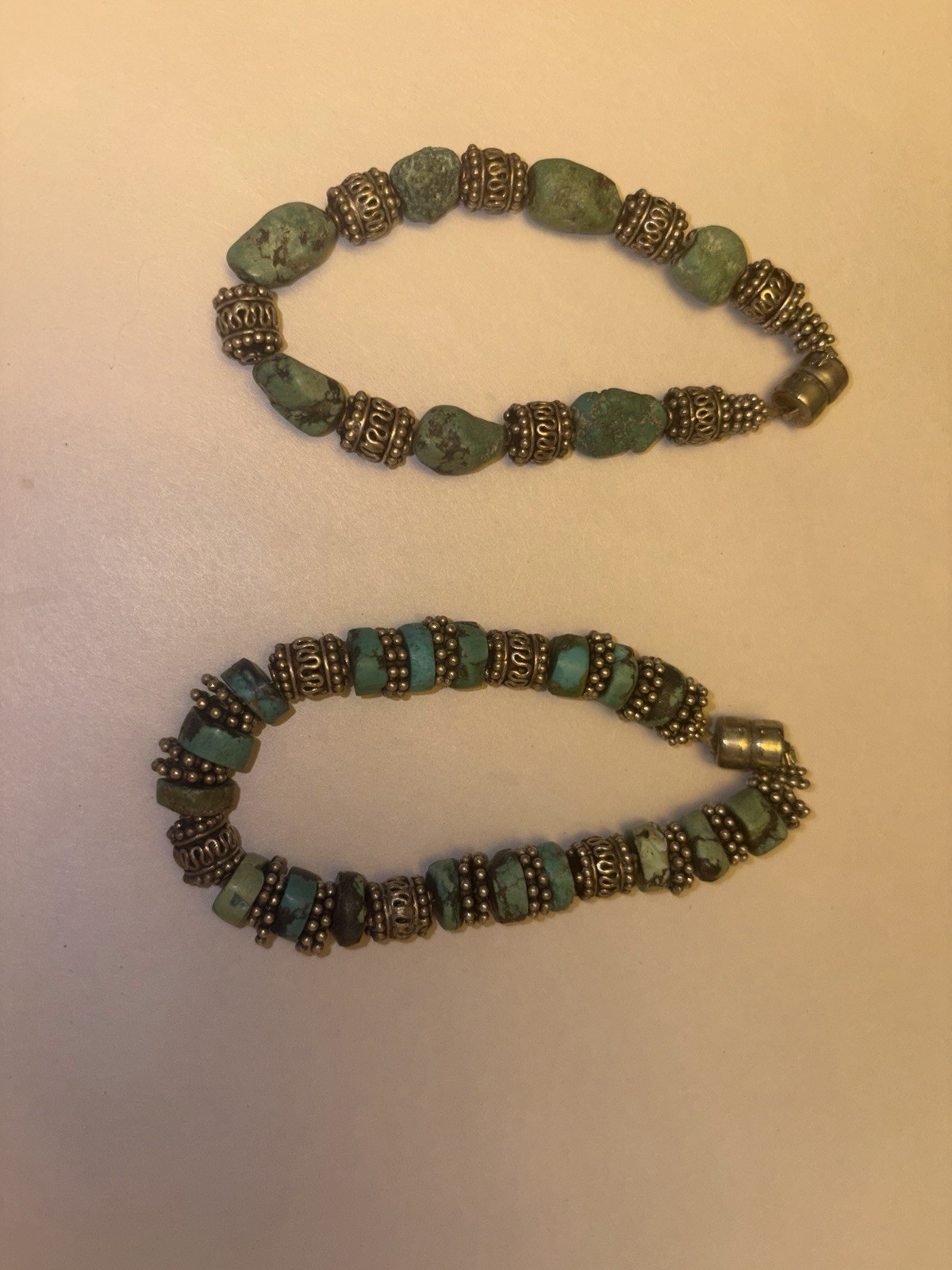 Turquoise Stone Bracelet Set of 2 Silver Tone Beaded Magnetic Clasp Boho