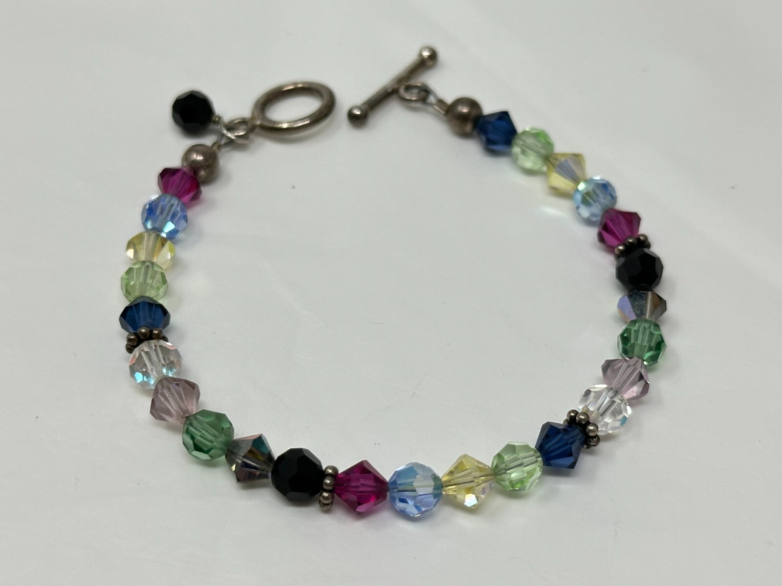 Handmade Silvertone Multicolor Faceted Bicone Crystal Bead 7.5″ Toggle Bracelet