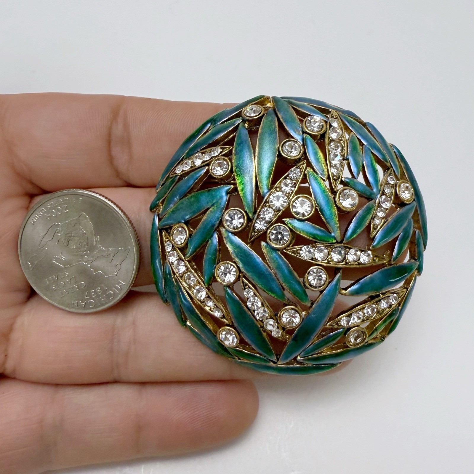 Kenneth Jay Lane KJL Aqua Teal Enamel Clear Rhinestone Leaves Round Brooch Pin