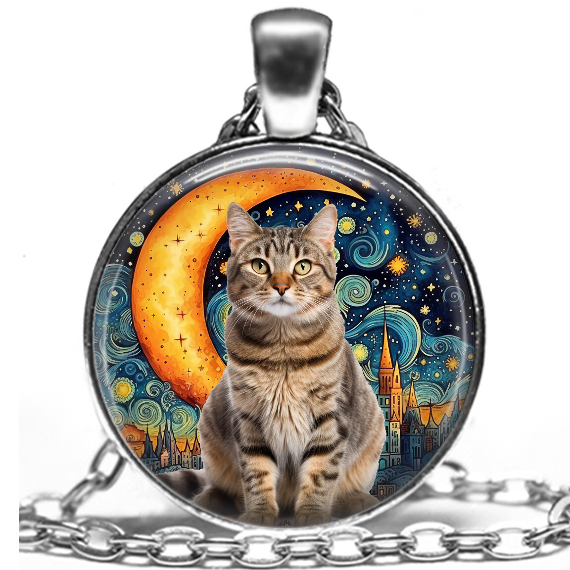 Tabby Cat Necklace Starry Night Style Art Print Silver Charm Pendant 24″