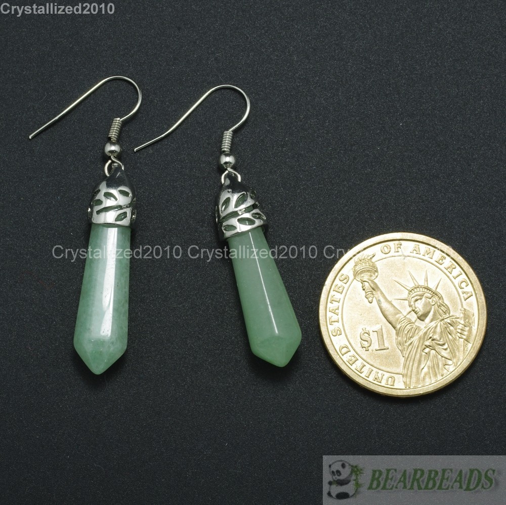 Natural Gemstone Hexagonal Pointed Reiki Chakra Healing Beads Silver Earrings