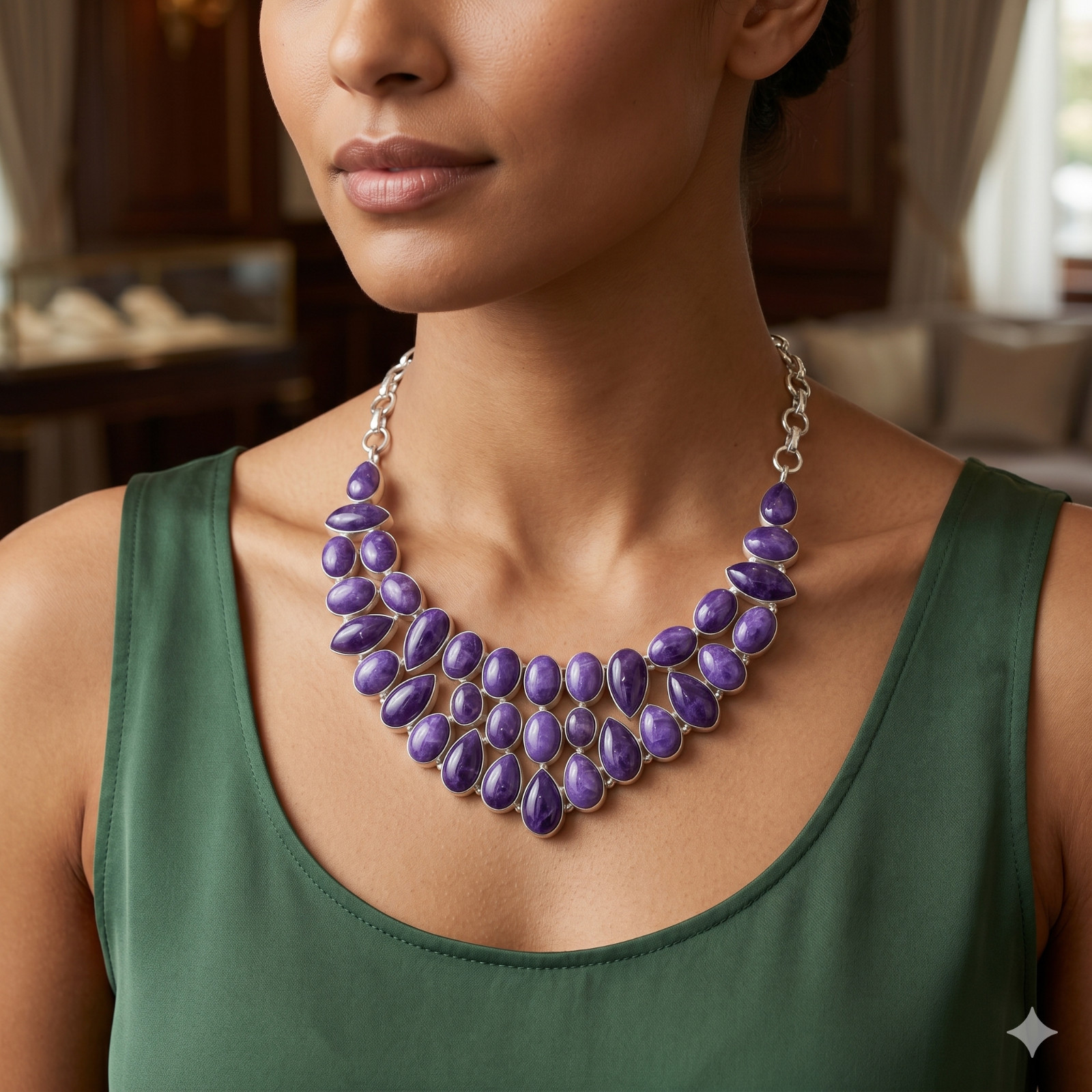 Silver Plated Natural Charoite Bezel Set Vitange Daughter Boho Necklace Jewelry