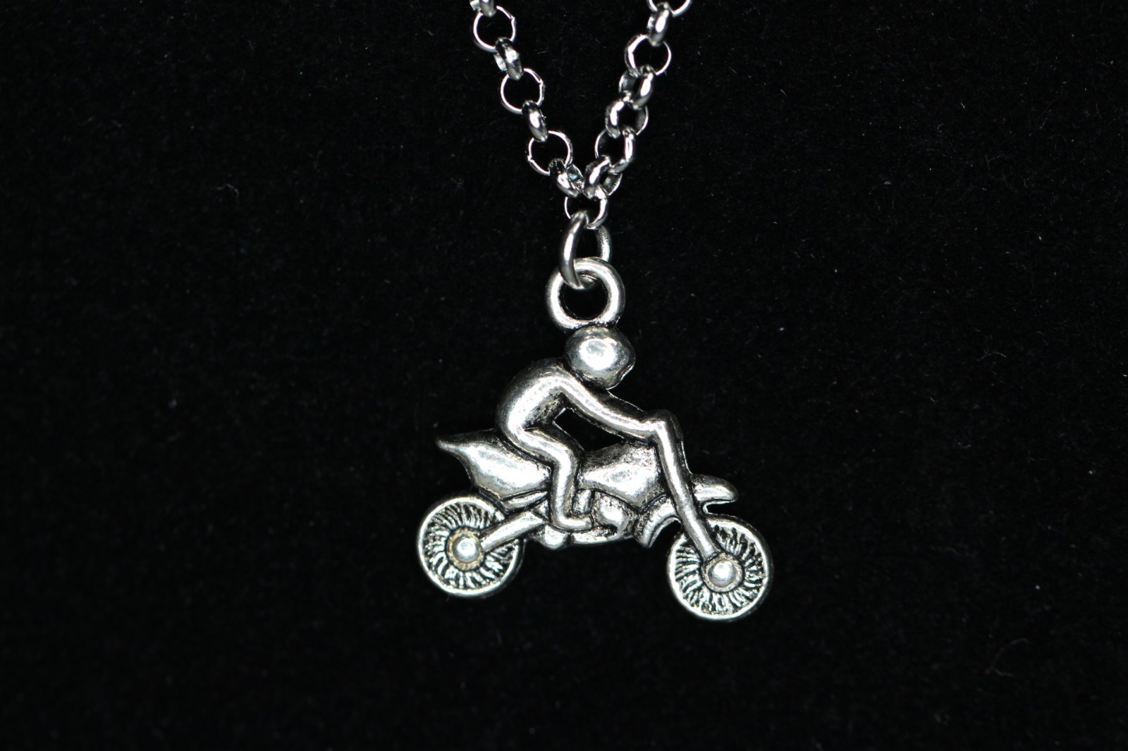 Dirt Bike Necklace Silver Pewter Charm 1″ Pendant 3mm Stainless Chain 18″ Biker