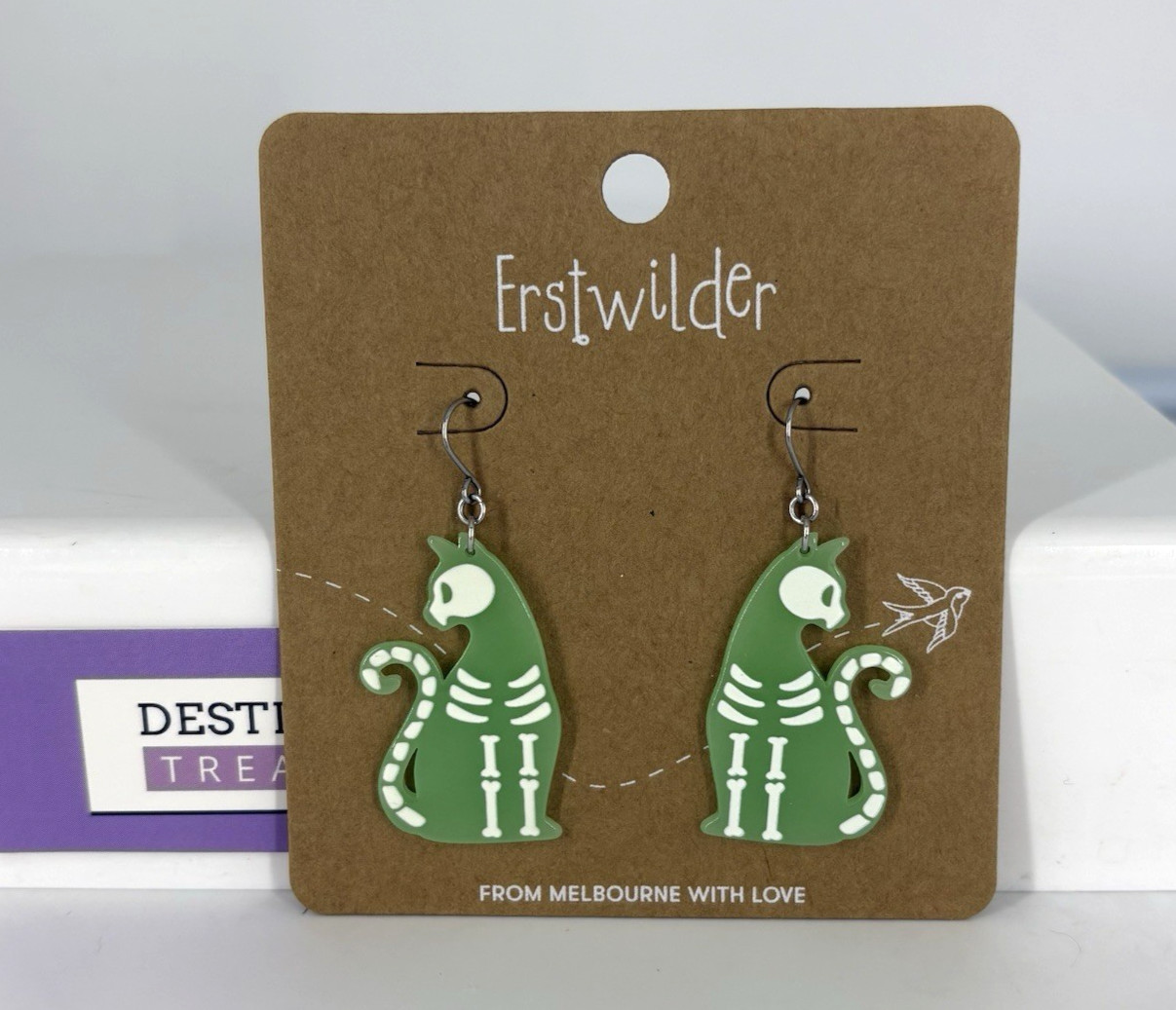 Erstwilder Halloween Skeleton Cat Earrings Glow in Dark GID New on Card