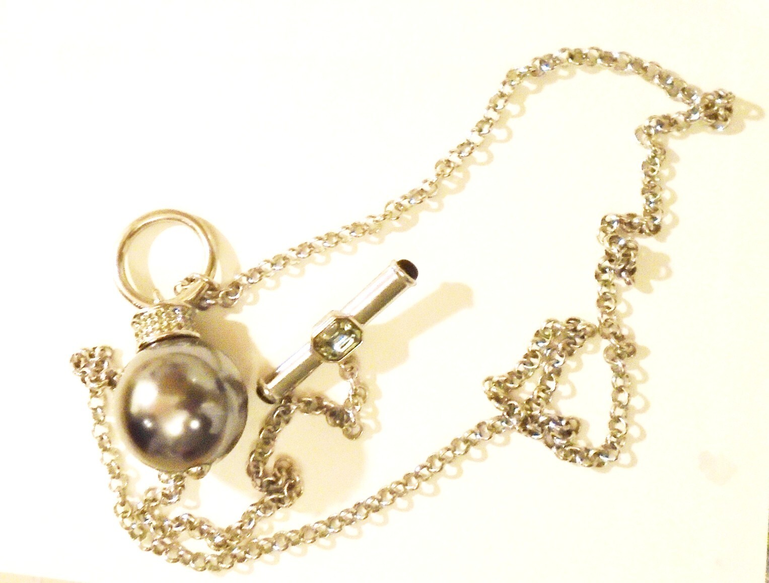 Jaeger Long Chain Faux Grey Pearl Fob Necklace diamante silver-tone signed vgc