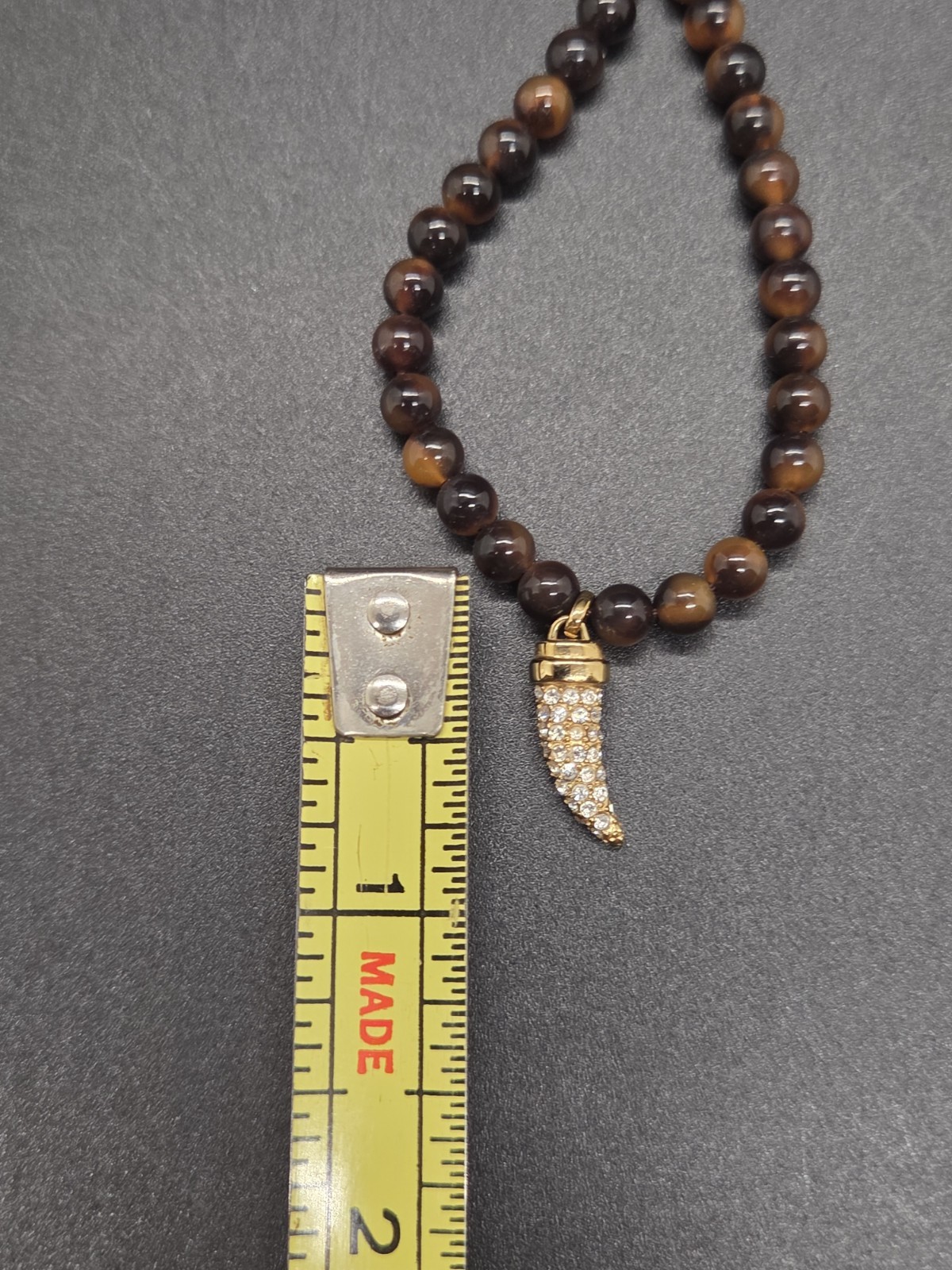 BaubleBar Tiger’s Eye Beaded Necklace Gold Tone Pavé Horn Crescent Pendant 18″