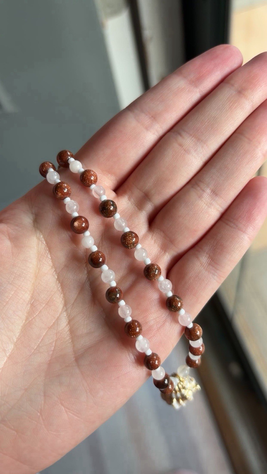 Brown & White handmade beaded Necklace Gold-Tone Shell Charm Pendant