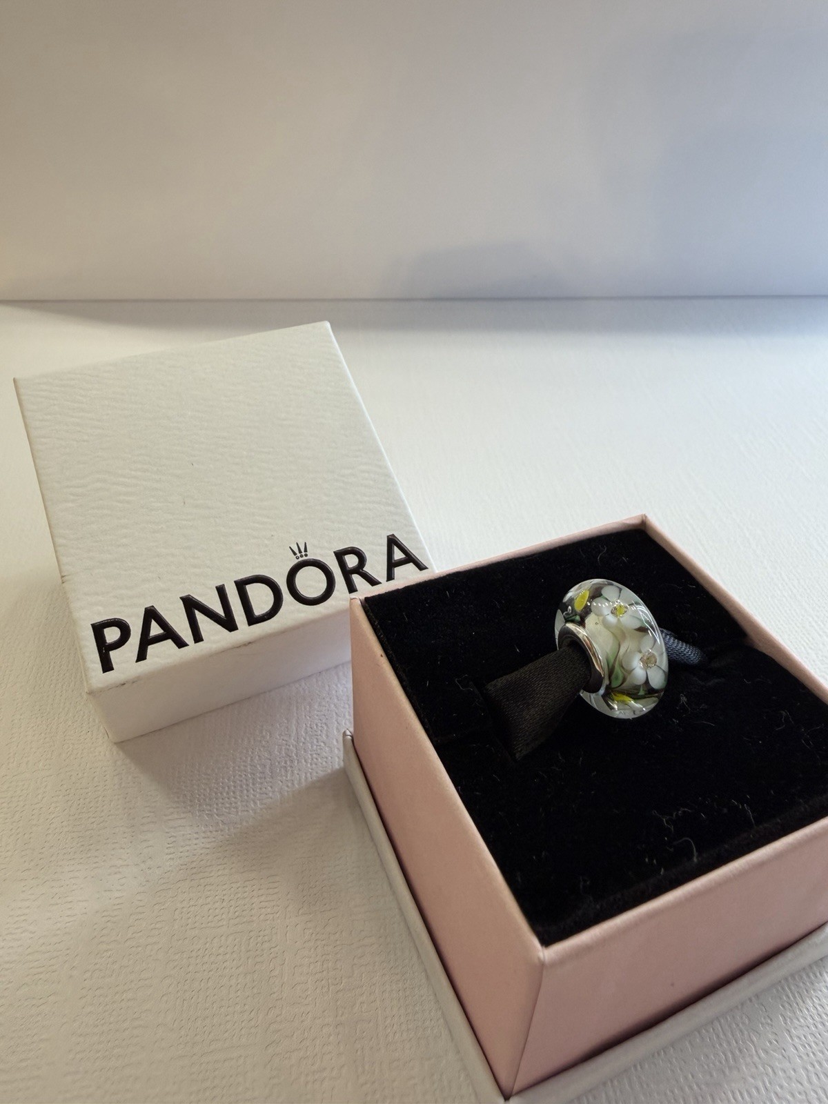 PANDORA Floral Glass Bead Charm Sterling Silver Core White Green Yellow