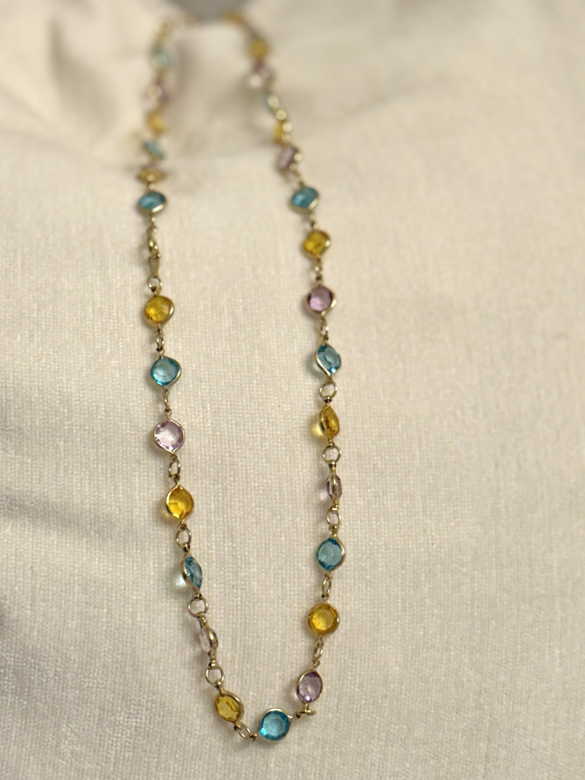 28″ Multi-Gemstone Station Necklace Gold Tone Bezel Set Blue Purple Yellow Boho