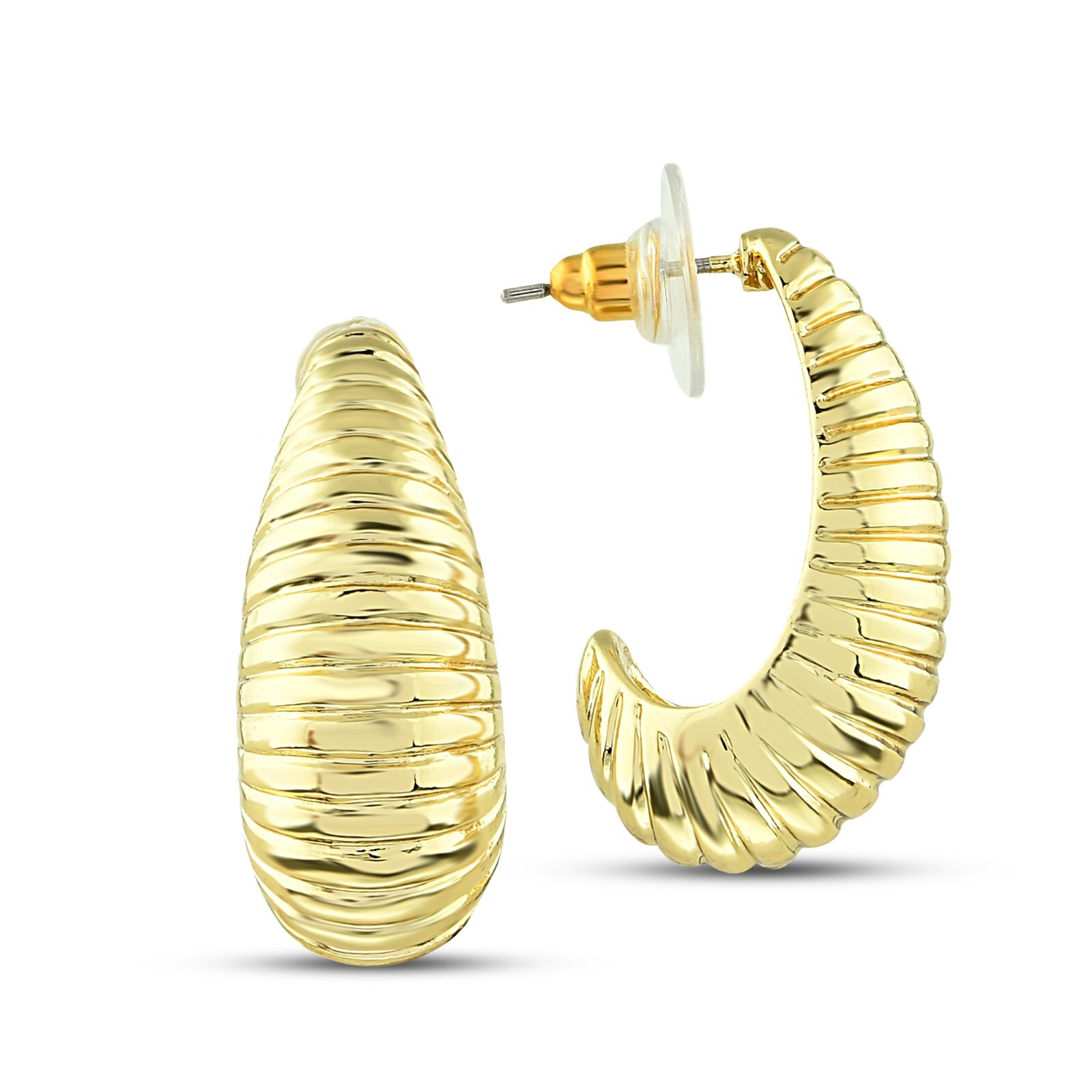 Shrimp C-Hoop Striped Gold Plated Earrings 26mm