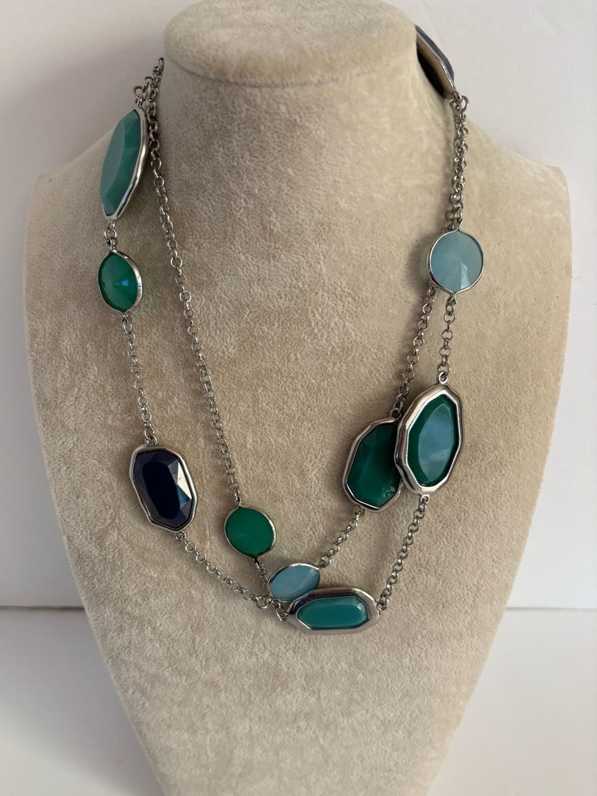 Premier Designs Teal Blue Station Necklace Silver Tone Faceted Stone Necklace