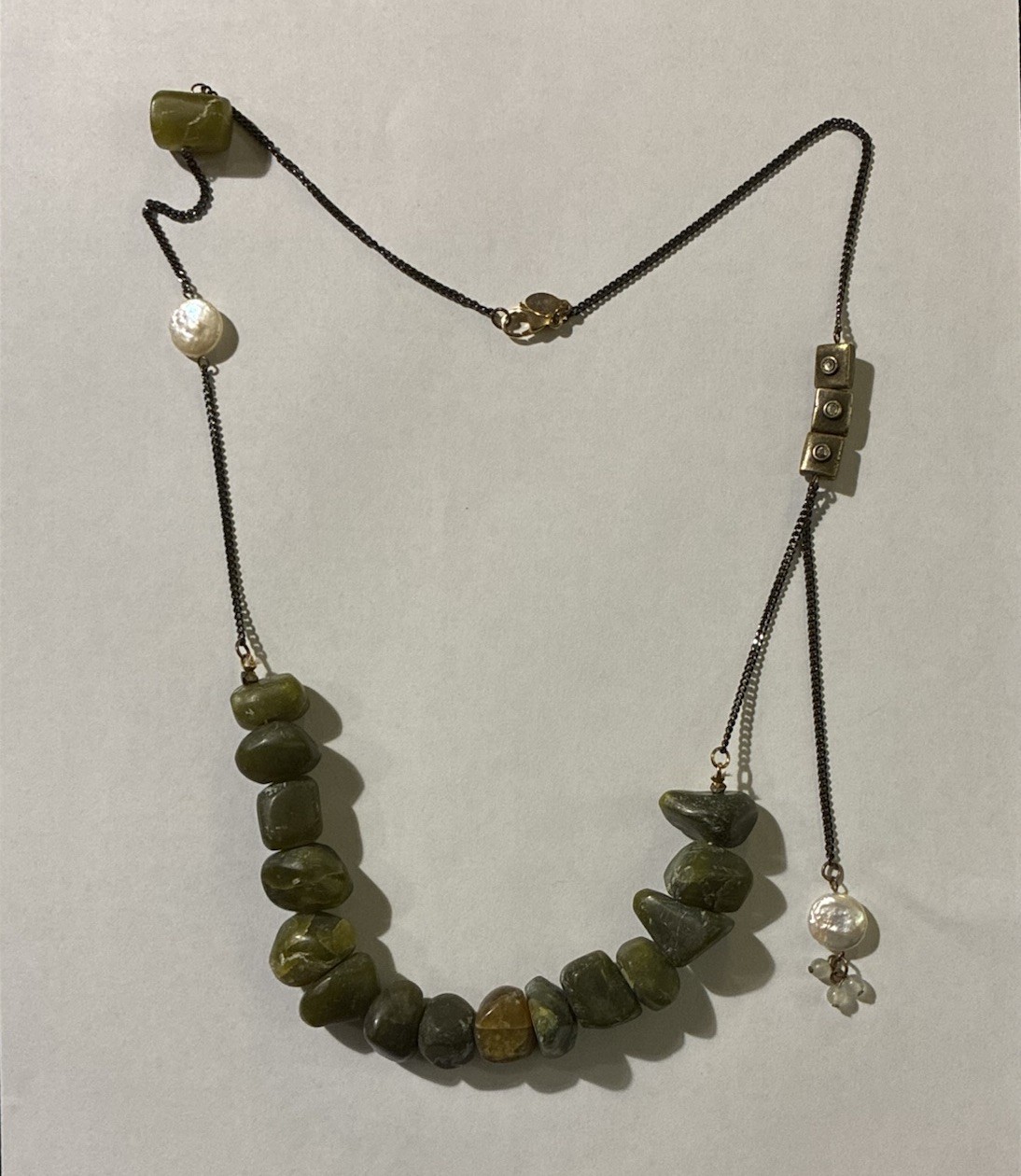 Lee Angel Signed Asymmetrical Green Stone Pearl Statement Necklace 84g