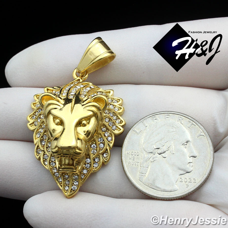 18-36″MEN Stainless Steel 3mm Gold Plated Box Chain ICY CZ 3D Lion Pendant*GP134