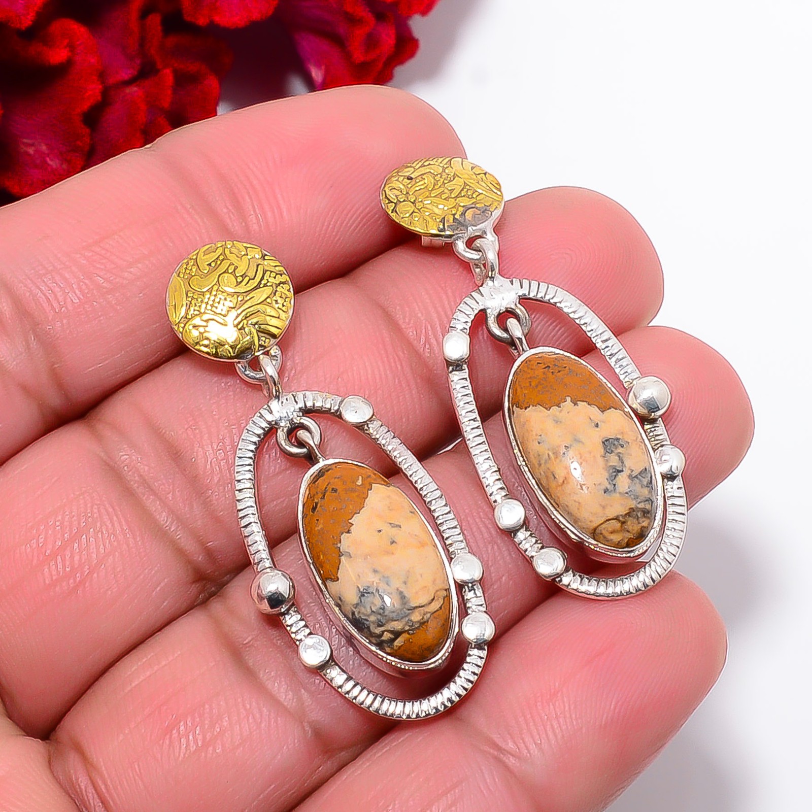 Picture Jasper – Oregon 925 Sterling Silver Two Tone Earring 1.68″ E103018