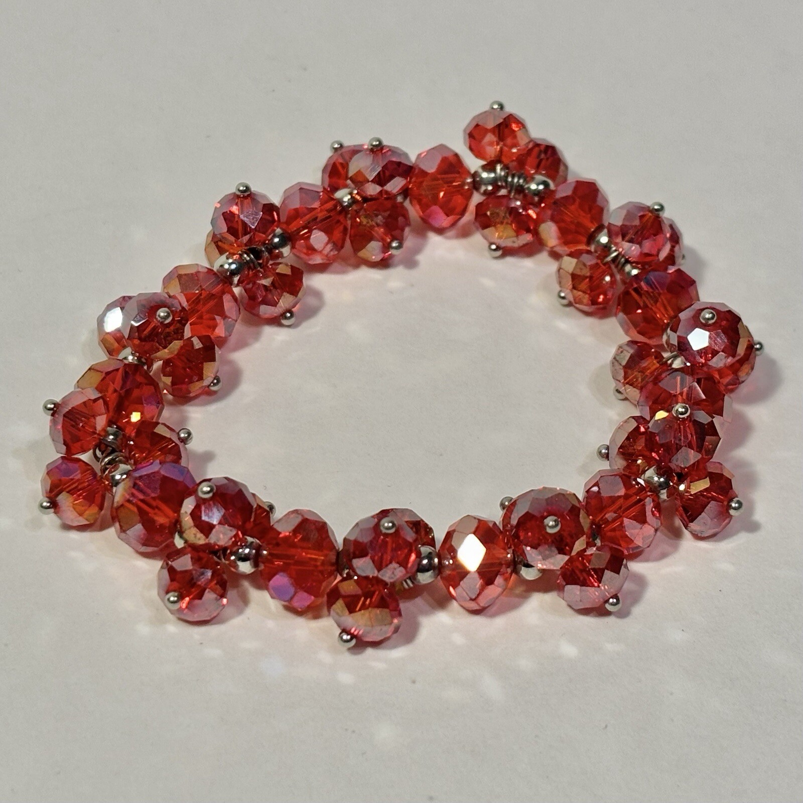 Sparkling Red Aurora Borealis Crystal Cluster Faceted Beaded Stretch Bracelet 8”