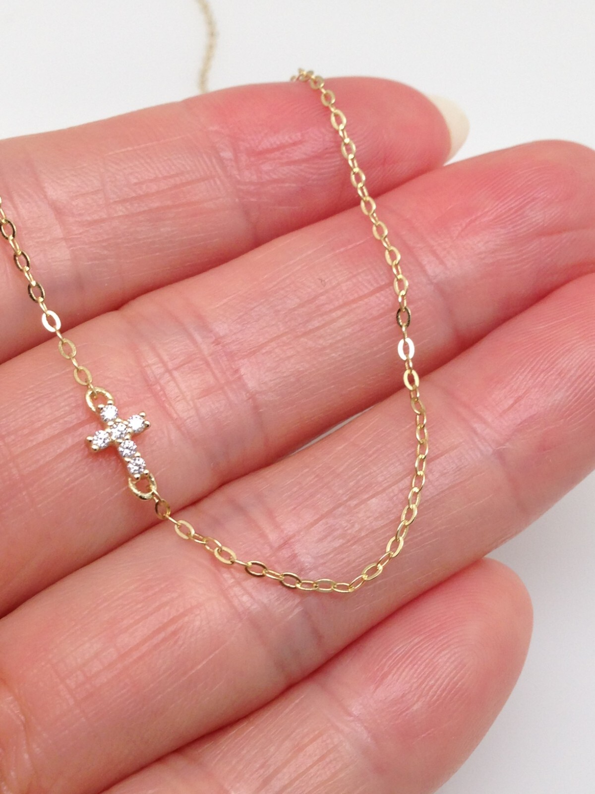 925 Sterling Silver CZ Sideways Cross Pendant Necklace Gold DAINTY 5.5mm Girls