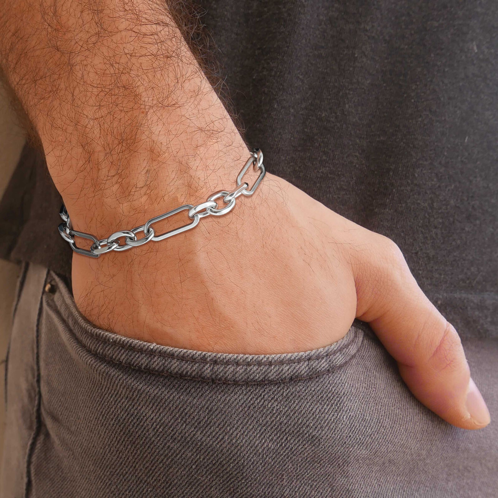 Stainless Steel Chunky Handmade Rolo Link Bracelets Paperclip Wristband Unisex
