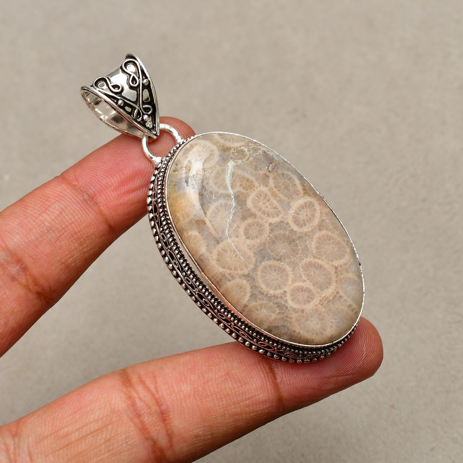 Fossil Coral Gemstone Handmade 925 Sterling Silver Jewelry Pendant 2.48″