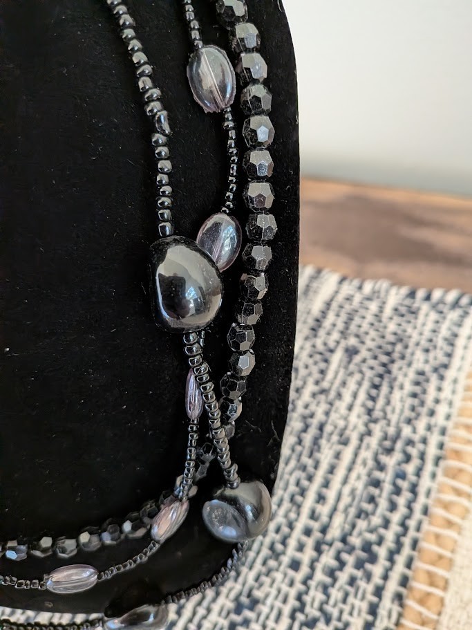 Contemporary Statement Black Glass Bead Multi Strand Necklace Boho Chic Layered