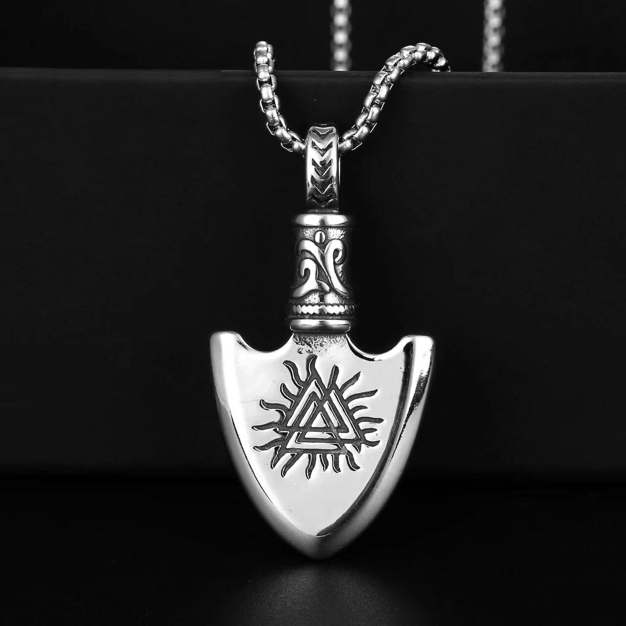 Men’s Viking Two Side Valknut Vegvisir Spear Pendant Necklace Box Chain 24″ Gift