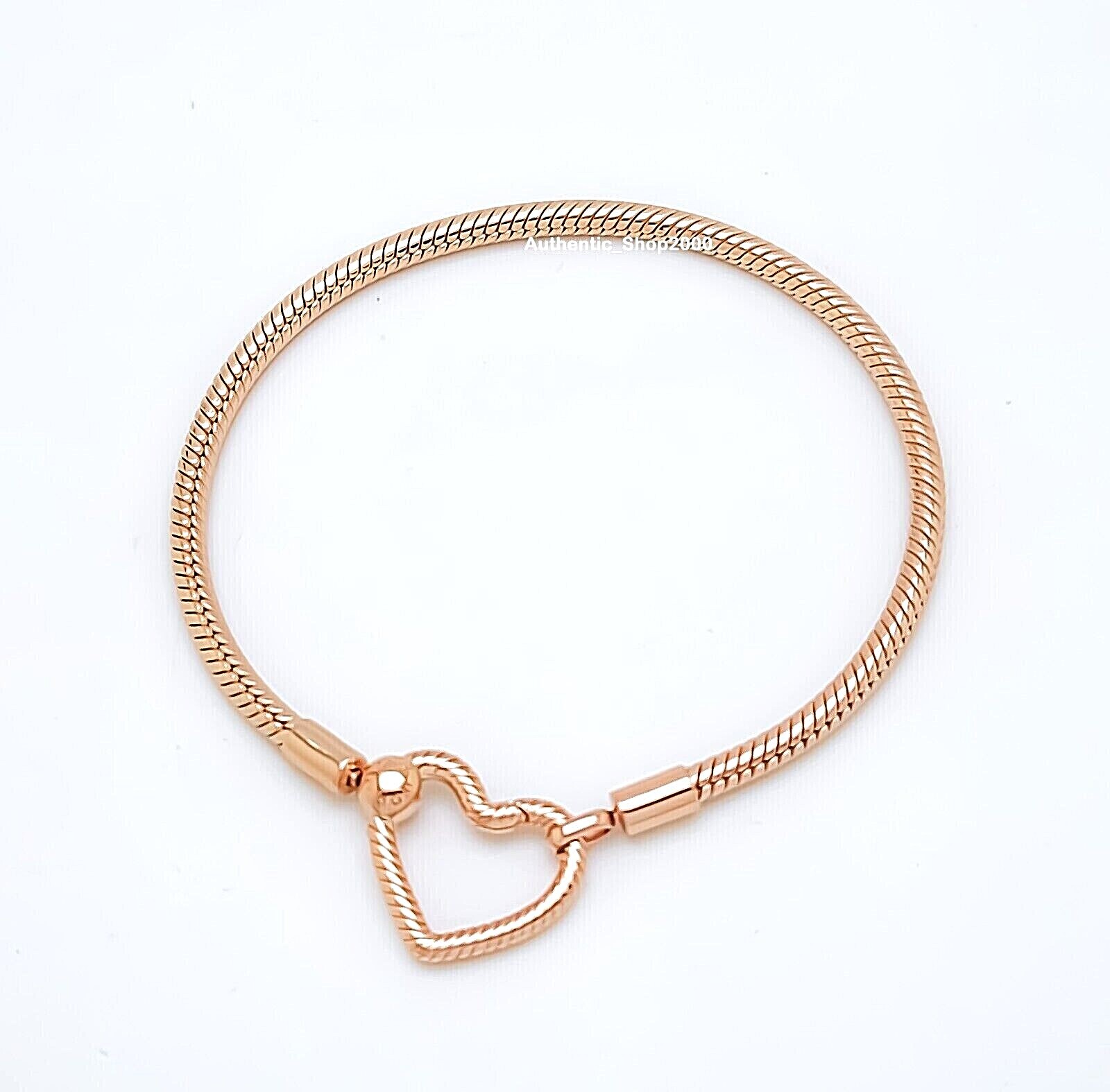 NEW 100% PANDORA Rose Gold P Heart Closure Snake Chain Charm Bracelet 582257C00