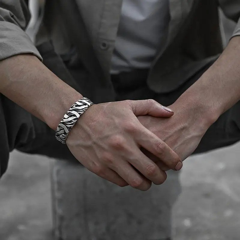 Retro C-shaped Braided Alloy Men Bracelet Silver Simple Cuff Jewelry Accessory