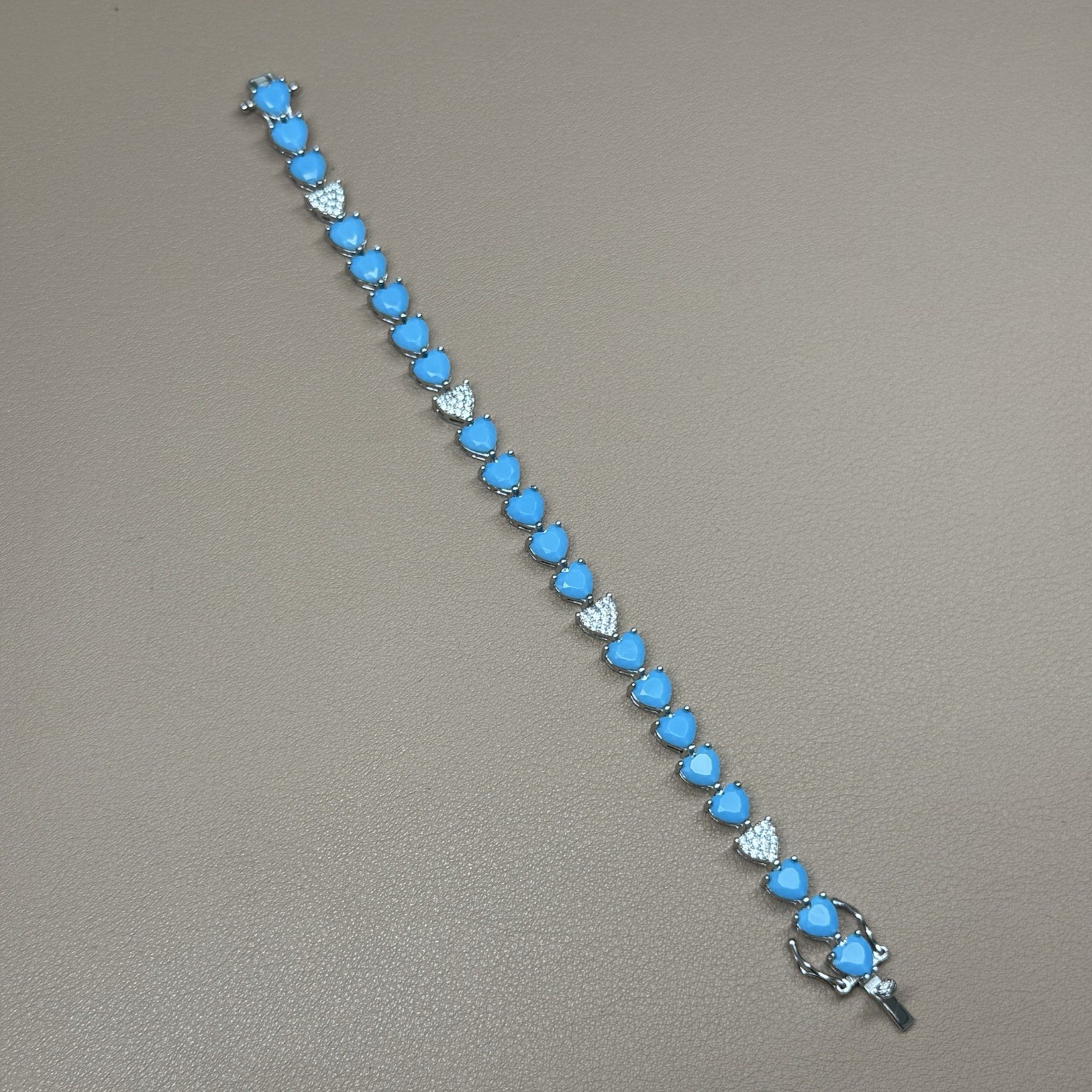 925 Sterling Silver Lab Turquoise CZ Heart Tennis Bracelet 13g 6.75” 6.7mm