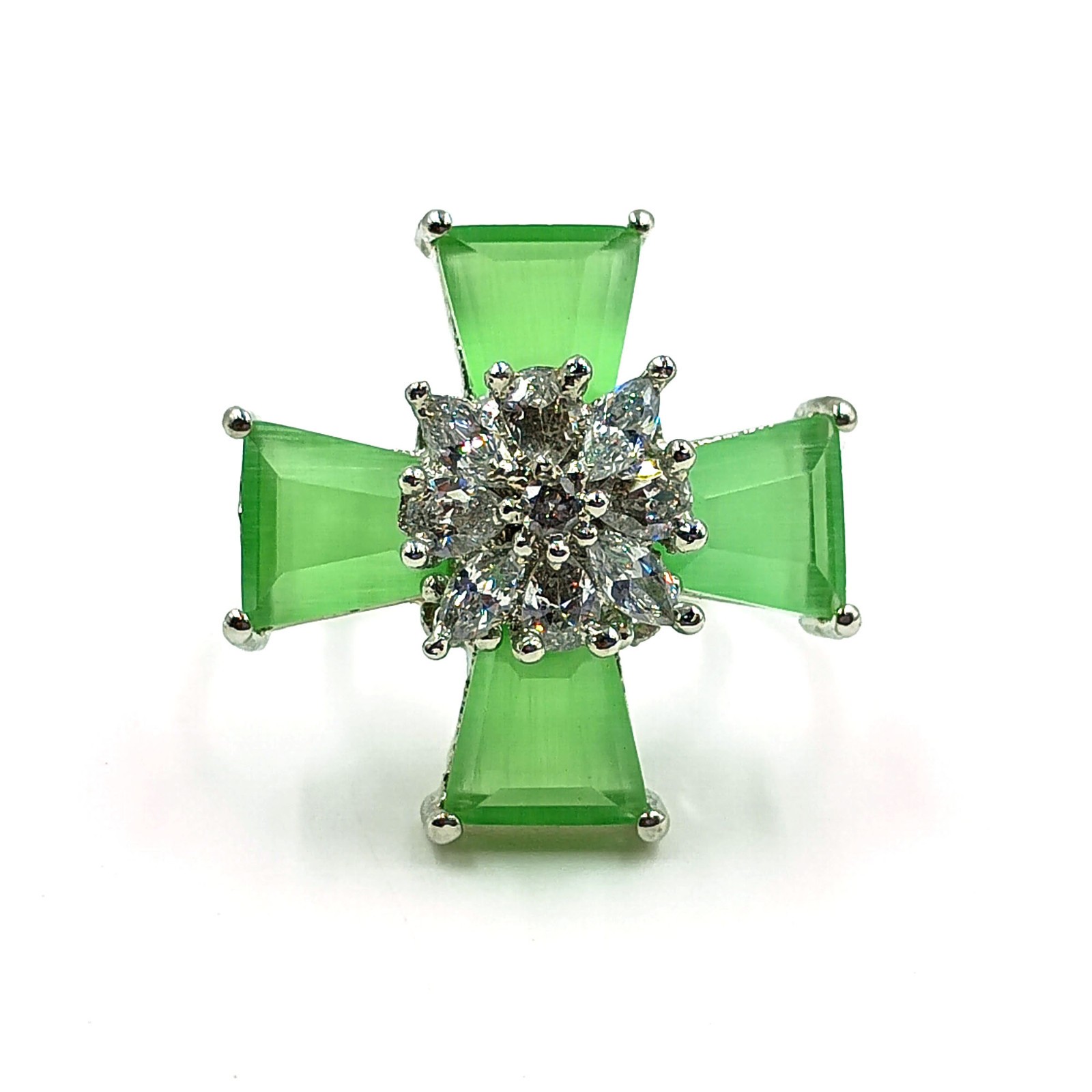 Boho Style Chalcedony Cross Ring White Plated CZ Adjustable Cocktail Jewelry