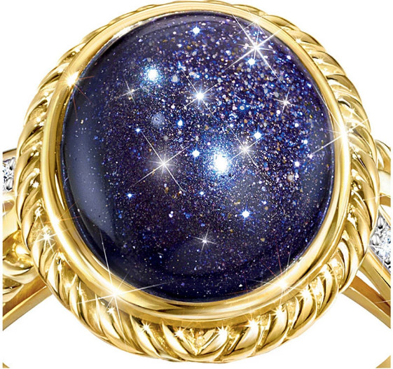 925 Silver Ring With Gold Overlay Starry Night Blue Cabochon Stone ring