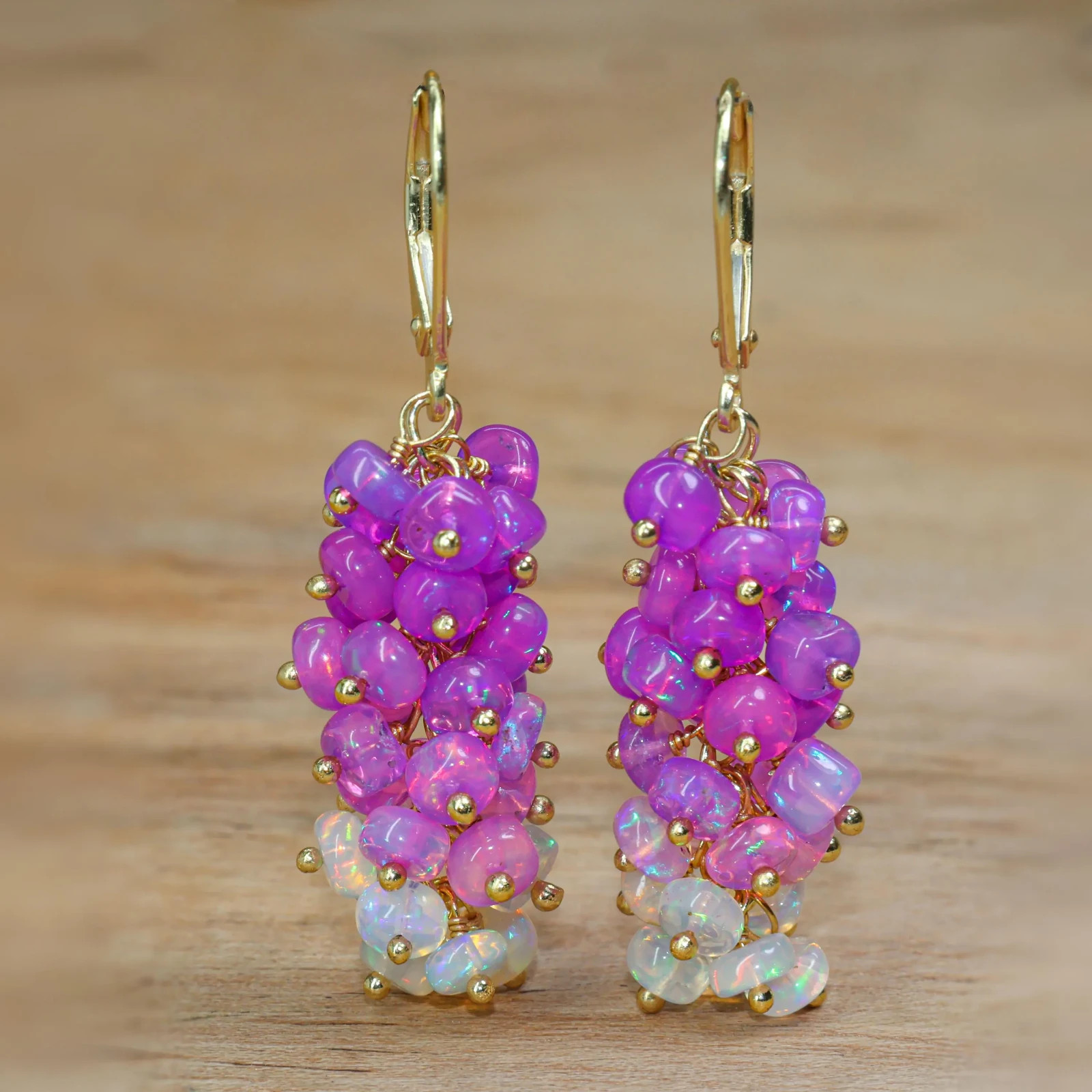 Fire Purple Opal Beads Cluster Earring, Genuine Opal Beaded Earring, Opal Dangle
