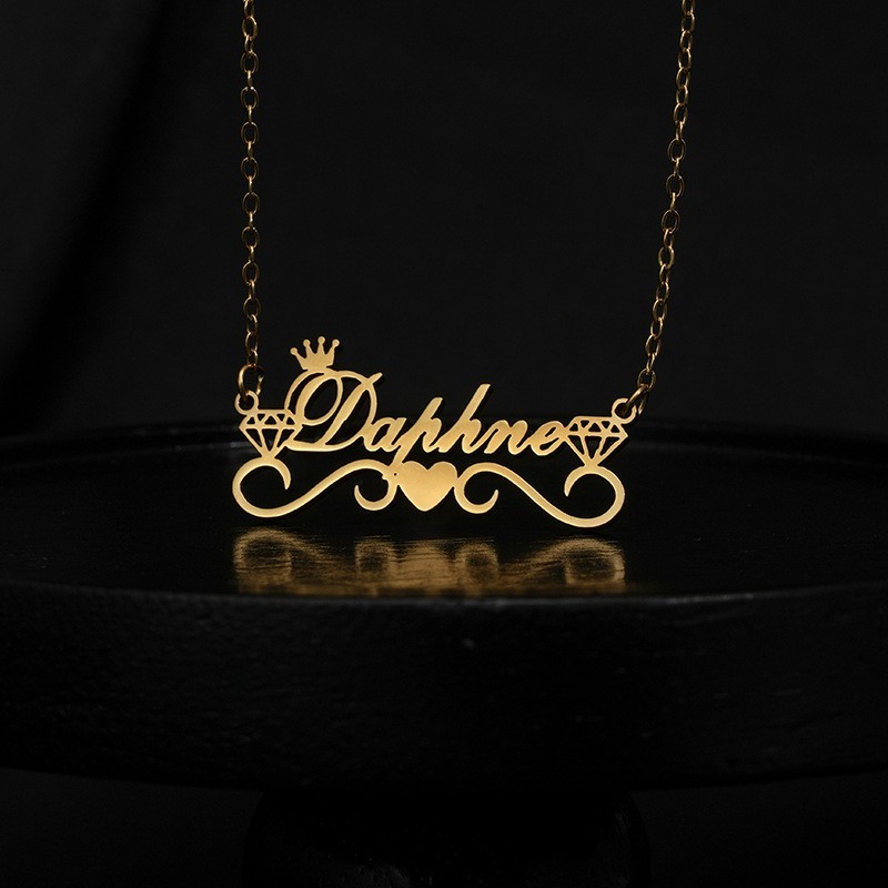 Custom Stainless Steel Name Necklace Gold Plated Crown Heart Pendant Jewelry