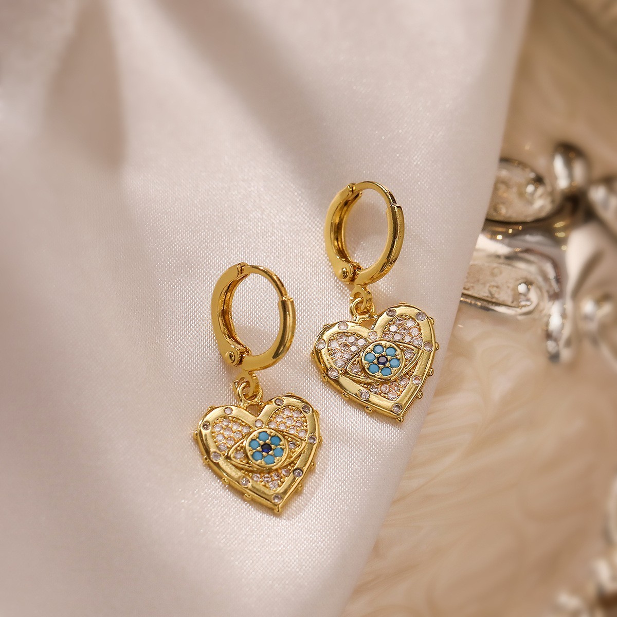 18K Gold Plated Evil Eye Heart Pendant Necklace Huggie Earrings Jewelry Set