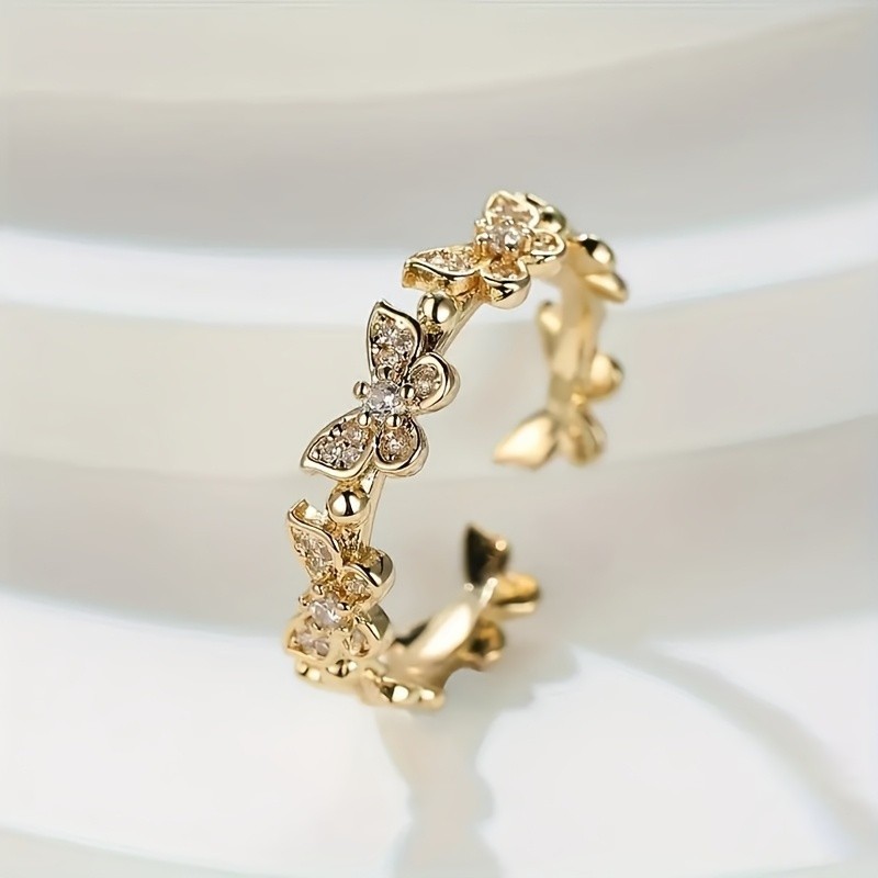 Cubic Zirconia Butterfly Eternity Band Ring Adjustable Open Stackable Dainty