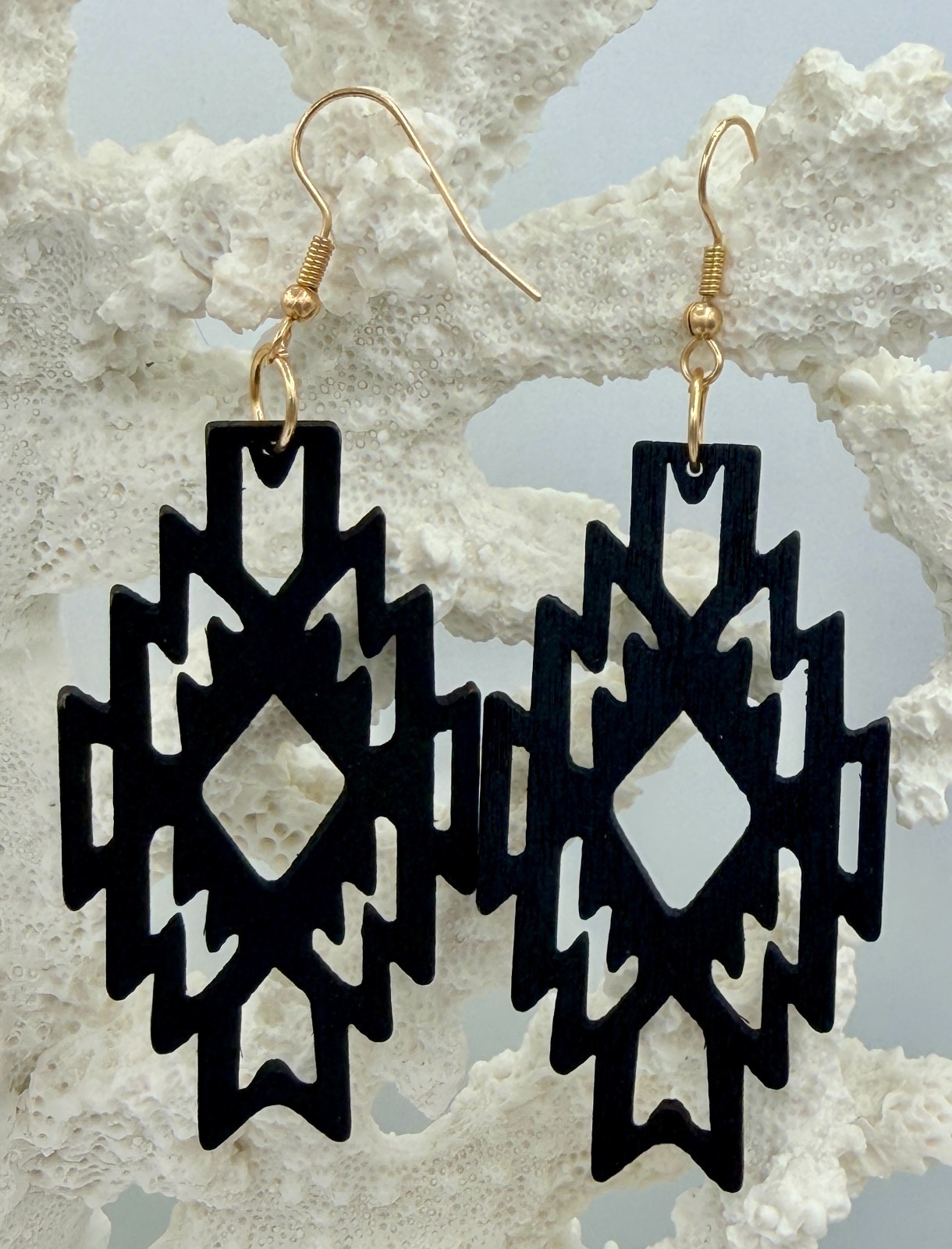 New Hook and Dangle Wood Earrings Black or Brown Cutout Aztec Nature Bees Leaf
