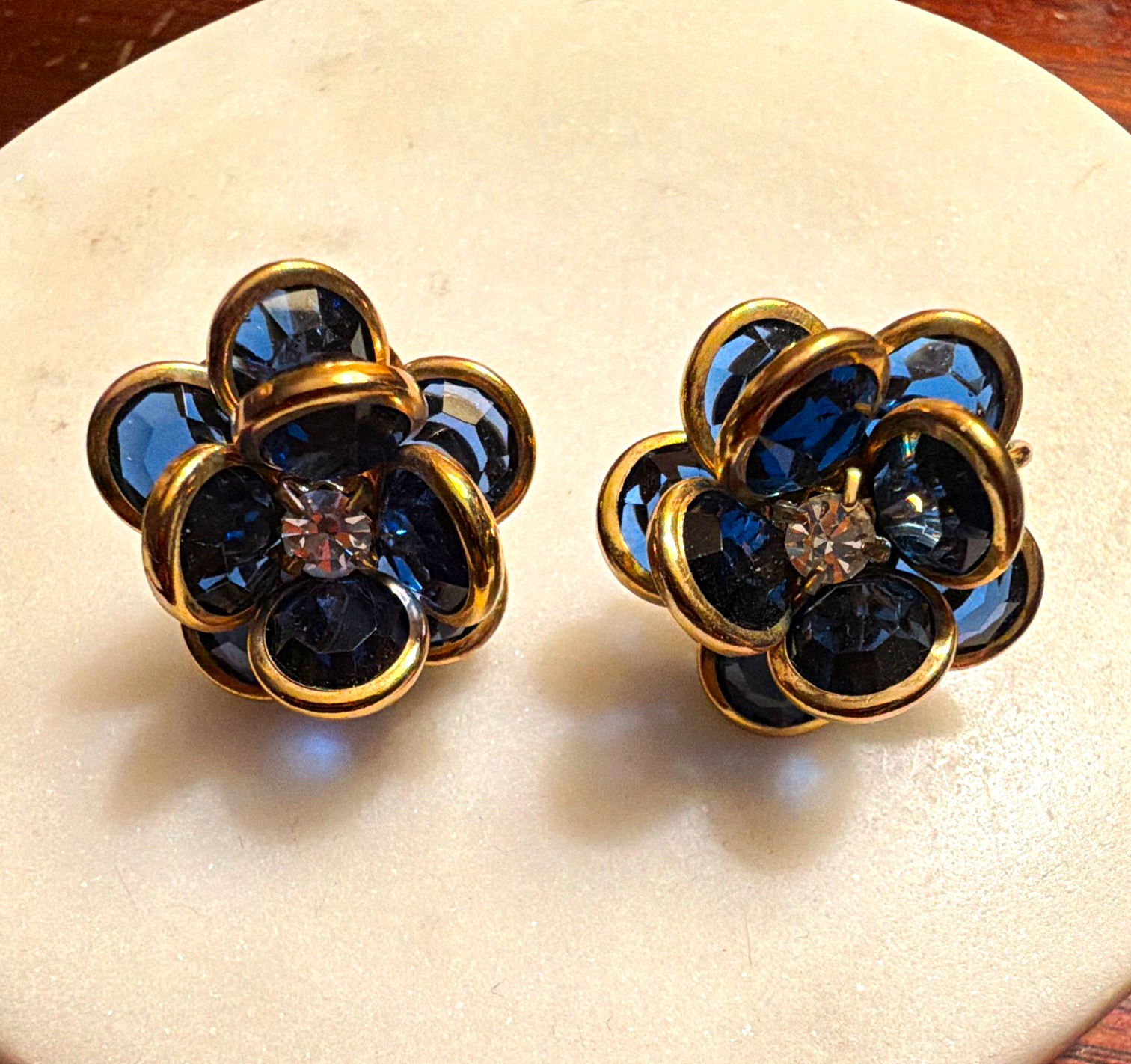 Gold Tone Blue Crystal Flower Clip-On Earrings Cluster Round Stones