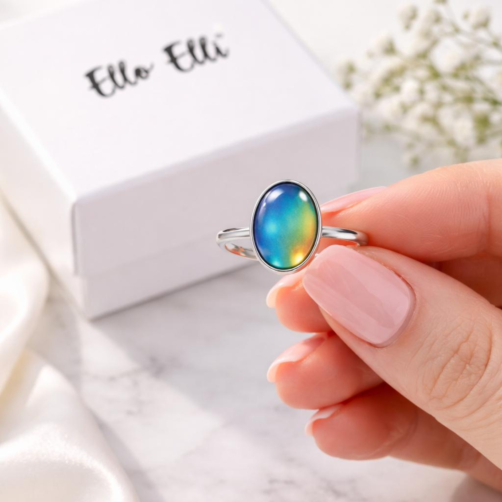 Ello Elli Mood Ring Womens Color Changing Oval Stainless Steel Thin Band 1.5mm