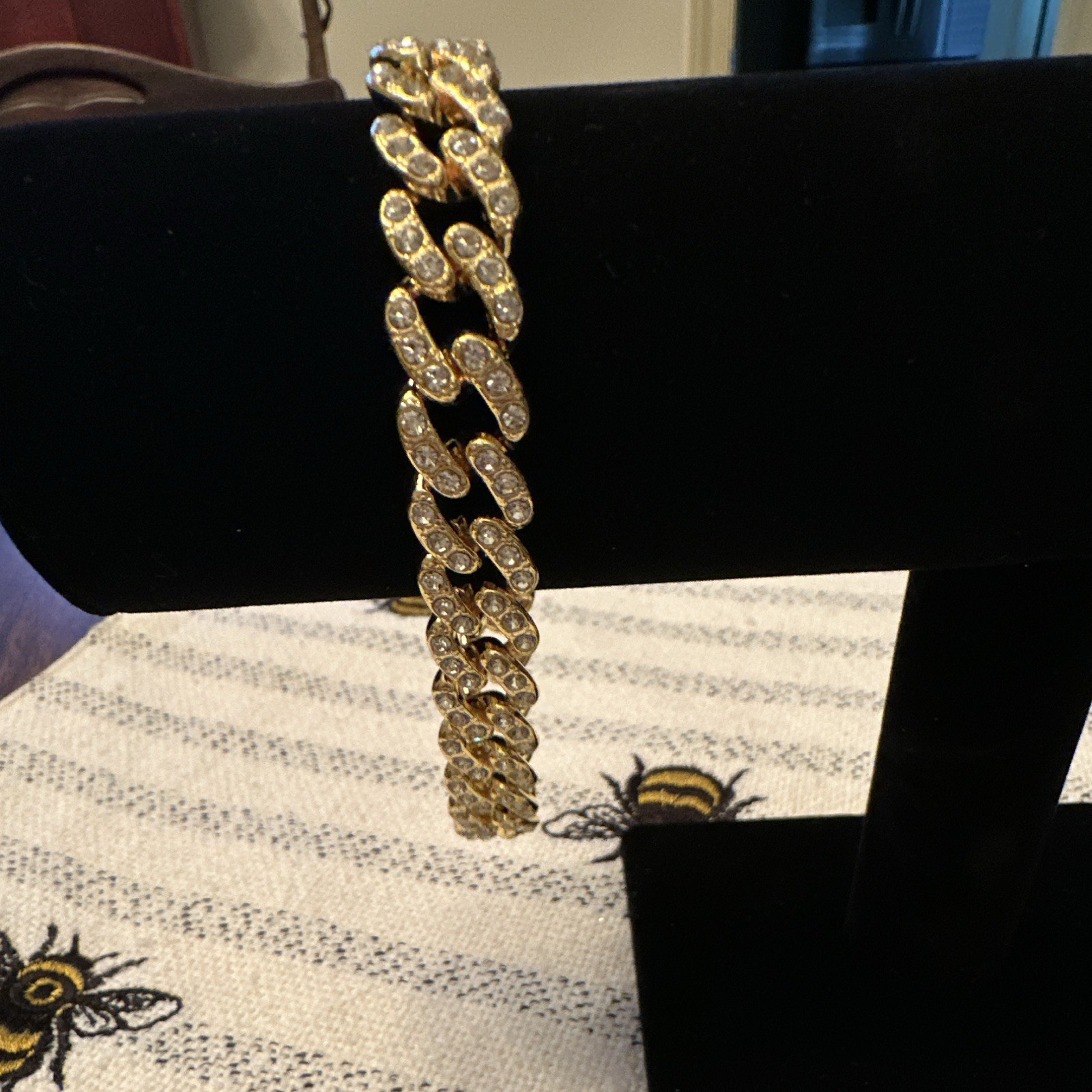 Gold Tone Cuban Link Chain Bracelet Pavé Clear Rhinestones Box Clasp