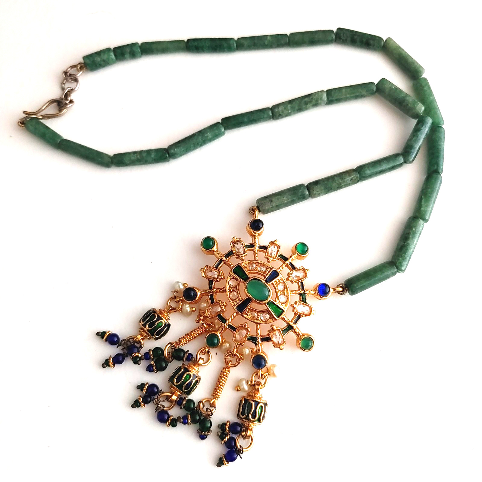 Ornate Gold Tone Green Blue Pendant Necklace Beaded Stone Freshwater Pearls 16”