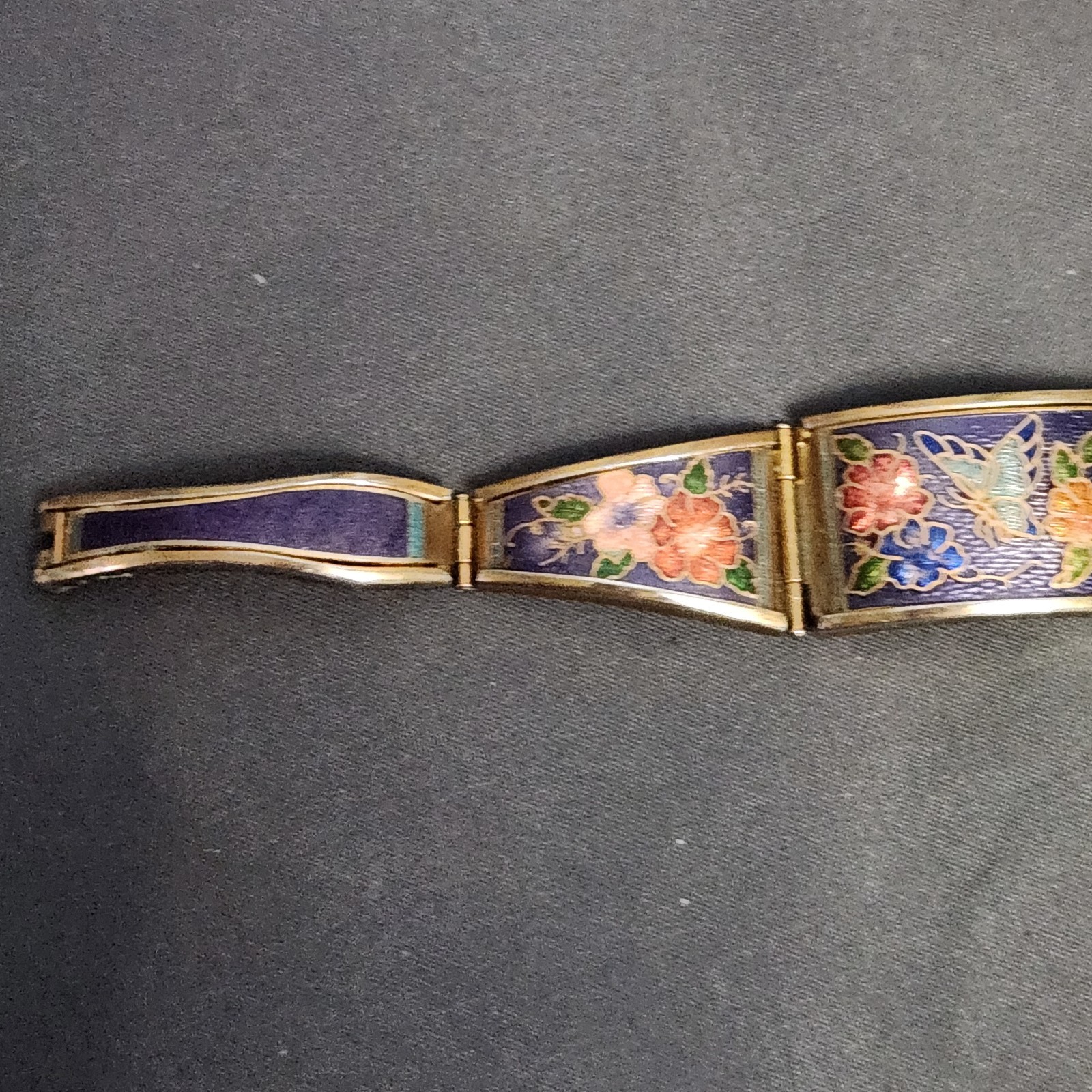 Vintage Chinese Cloisonne Enamel Panel Link Bracelet Butterfly Floral Purple