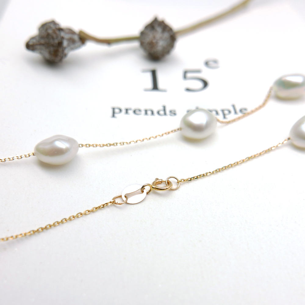 8-9mm White Natural Freshwater Keshi Pearl Necklace 14k Yellow Gold Chain 16.0″