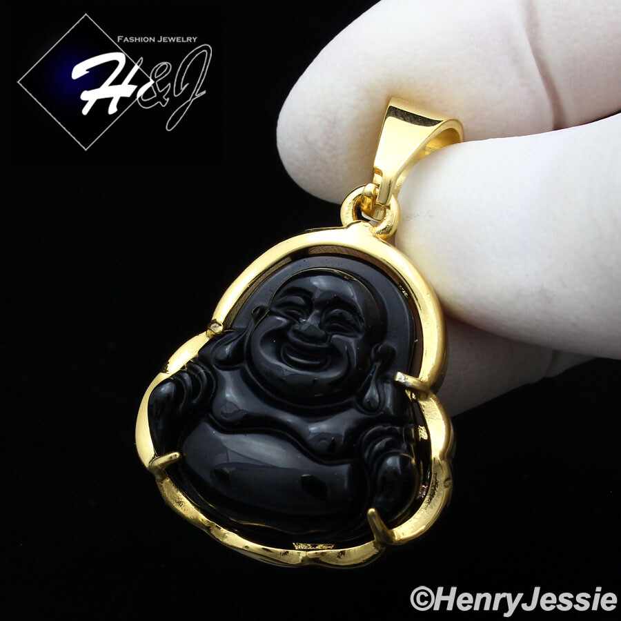 MEN WOMEN Stainless Steel Black Onyx Gold Plated Buddha Pendant*GP123