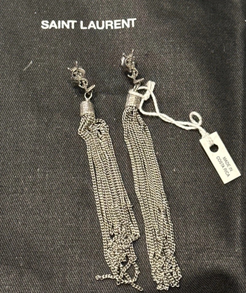 YSL Saint Laurent 506030Y16148142 Silver Loulou Chain Tassel Earrings RRP$795