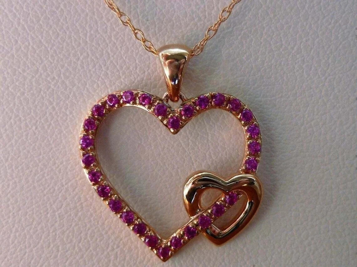 1.50Ct Round Cut Simulated Pink Ruby Heart Pendant 18″Chain 14k Rose Gold Plated