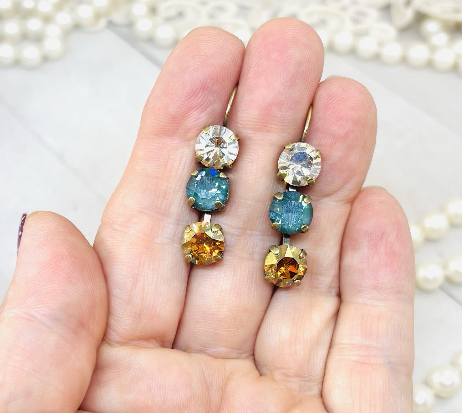 Fall Antique Brass Plated Pine Green Ignite Triple Stone Cup Chain Earrings